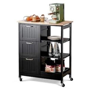 33 in. W Black Small Rolling Kitchen Cart with Rubber Wood Countertop, Deep Drawer, Open Shelf, Tray