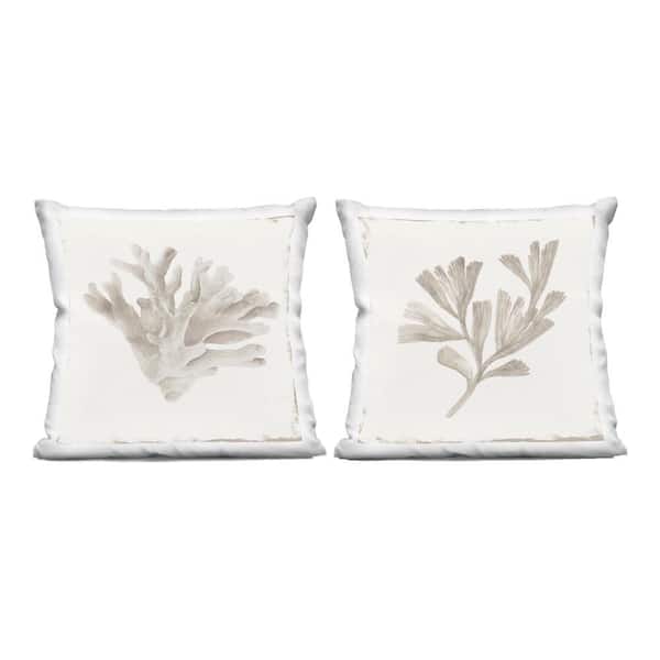 Beige Coral Drift Off-White Print Zipper Polyester 18 in. X 18 in. Throw Pillow Set of 2