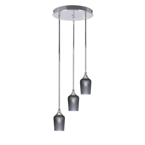 Unbranded Villa 60-Watt 14.5 in. 3 Light Chrome Stem Pendant Light with 5 in. Smoke Textured Glass Shade, No bulbs included