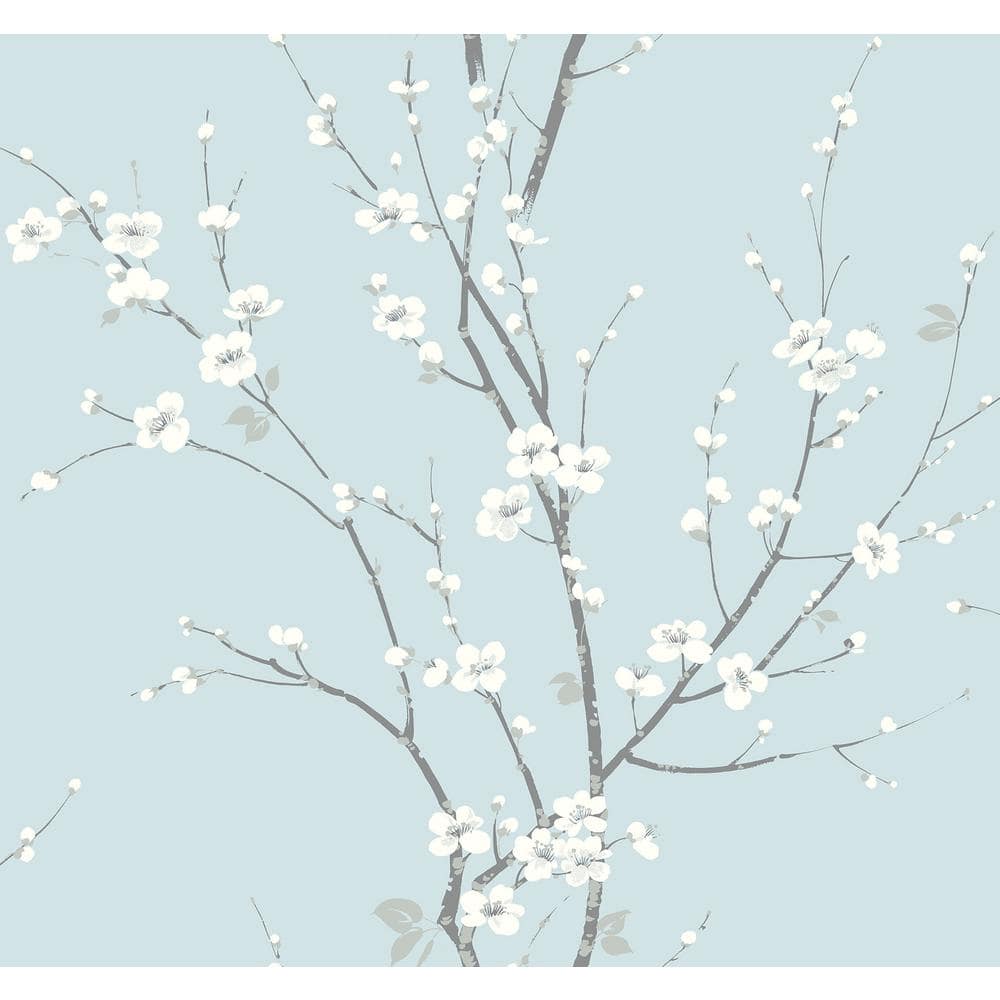 Sky Blue Floral Branch Vinyl-Coated Wallpaper