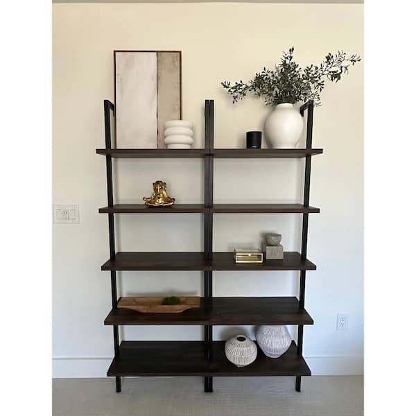 Theo Dark Walnut Brown 5-Shelf Ladder Bookcase or Bookshelf with Black Metal Frame