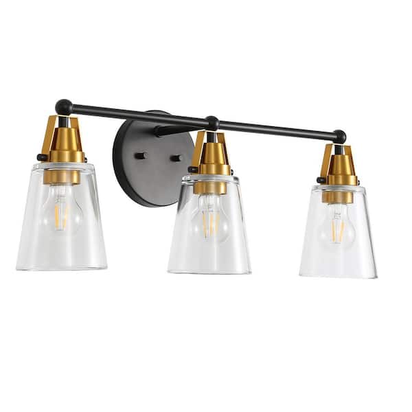 PUDO 25.70 in. 3-Light Elegant Gold Barthroom Vanity Light with Glass Shade and Brushed Nickel Wall Light for Mirror