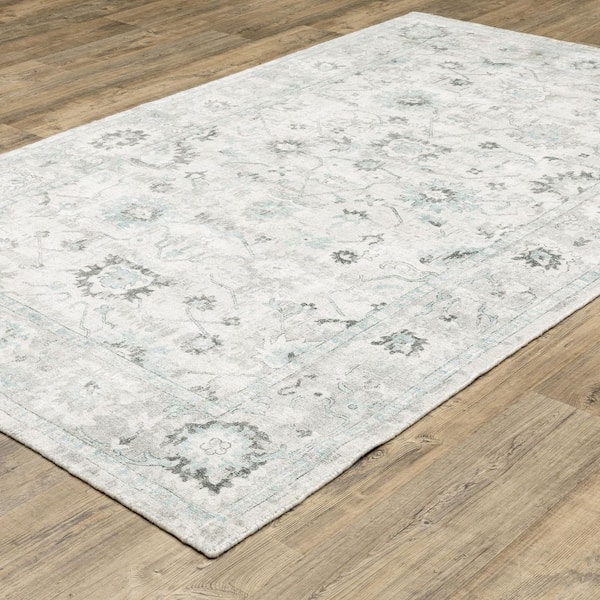 Wingate Ivory/Blue 8 ft. x 10 ft. Oriental Distressed Floral Hand-Loomed Viscose-Wool Blend Indoor Area Rug