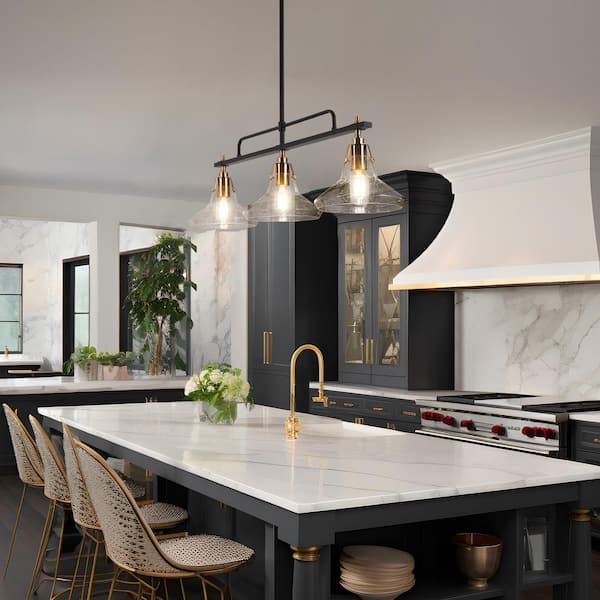 Zevni Tencanonia Modern 3-Light Black and Brass Island Lamp with