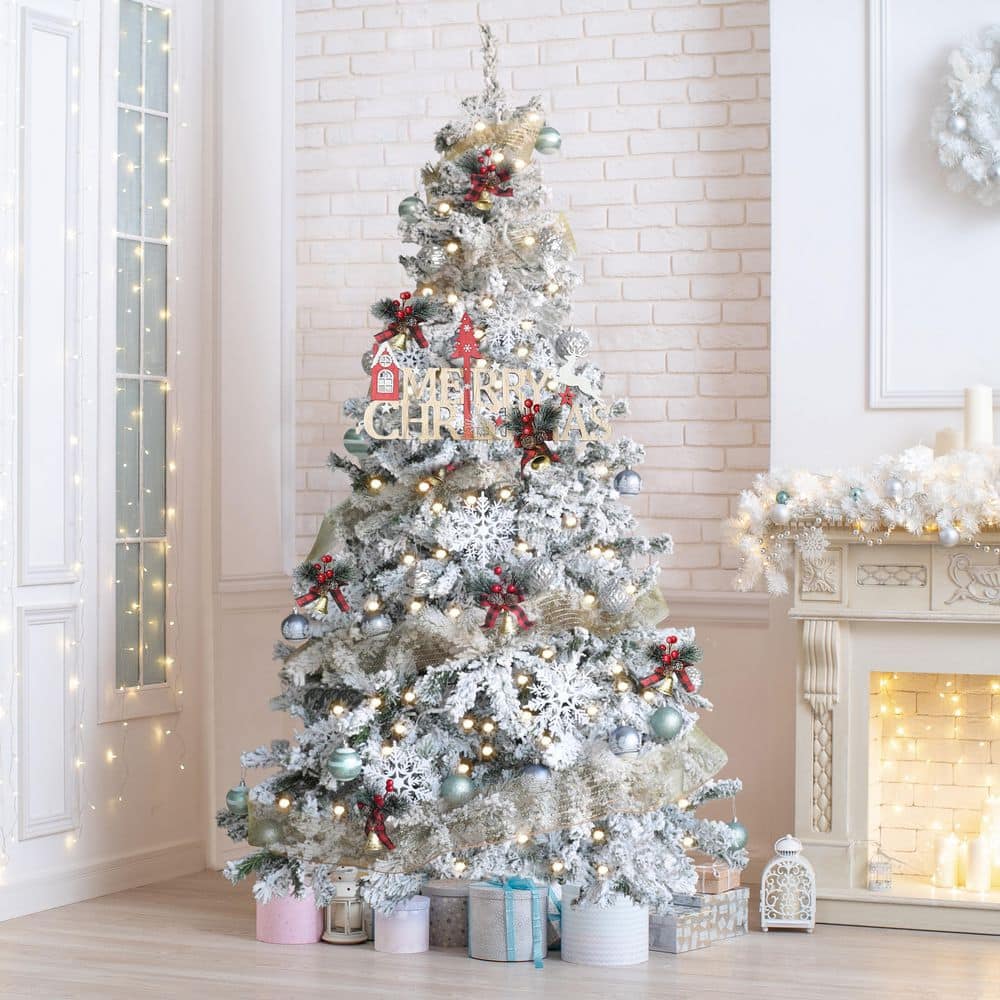 VEIKOUS 7.5 ft. Flocked Artificial Christmas Tree with White Lights ...
