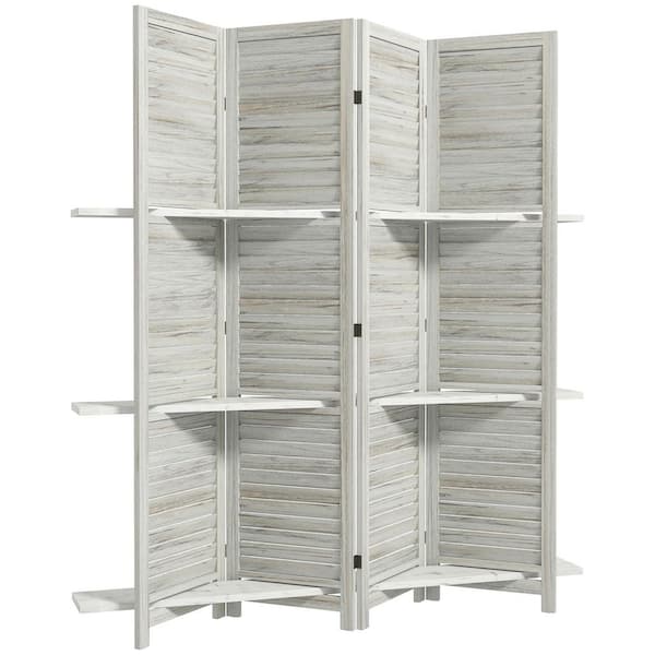 67 in. Tall Wood Room Divider, Privacy Screen with 4-Panel Display Shelves, and Folding Storage for Bedroom