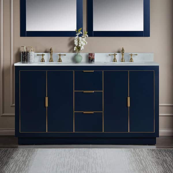 WOODBRIDGE 61 in. W x 22 in. D x 38 in. H Bath Vanity in Navy Blue with Carrara White Engineered Stone Top and White Basin