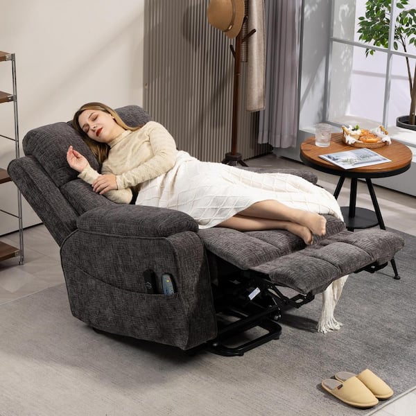 Gray Extended Footrest Comfort Chenille Power Lift Recliner with Pull-Out Storage, Massage and Heating