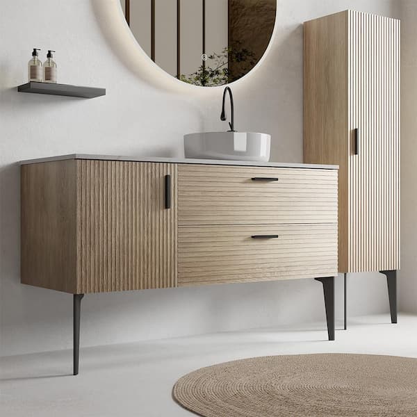 Aaby 48 in. W x 19 in. D Wall Mounted Floating Bath Vanity Cabinet in Brown with White Engineered Stone Top and Sink