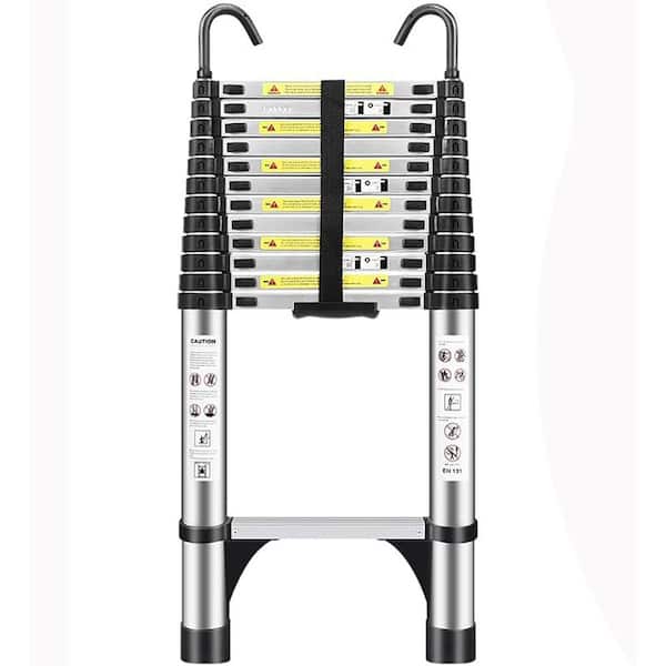 Telescopic Ladder Reach 16.5 ft. Aluminium Silver Non-Slip Feet Stable Hook Portable Extension Ladder 330 lbs. Capacity