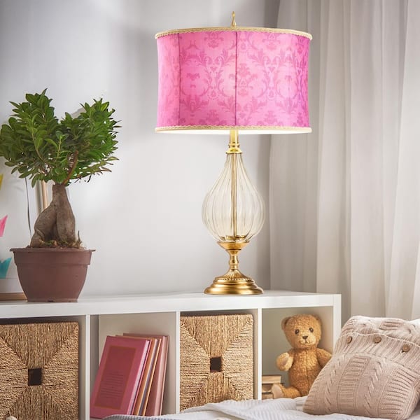 River of Goods Vera 30.5 in. Gold Geometric Table Lamp with Fuchsia Fabric Shade