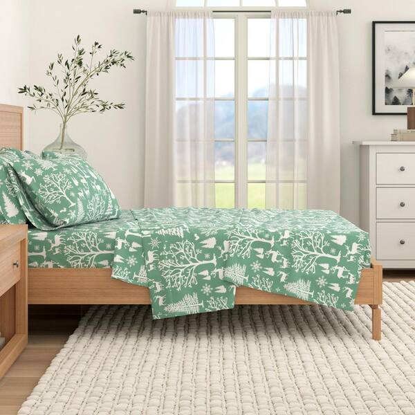 Green 4-Piece Nature Inspired Turkish Cotton Flannel King Sheet Set