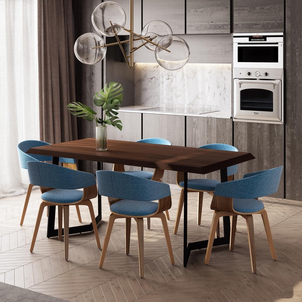 Lowell Blue Linen Upholstered 7-Piece Mango Wood Dining Set