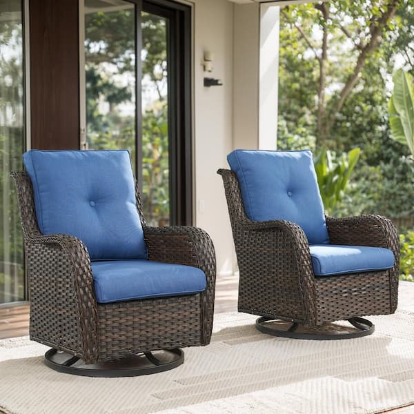 Outdoor Swivel Brown Wicker Outdoor Rocking Chair with CushionGuard Blue Cushions Patio (Set 2-Pack)