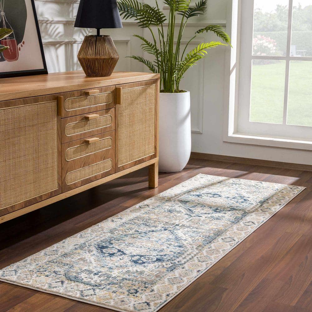 Brend Blue and Beige Medallion Polypropylene Area Rug