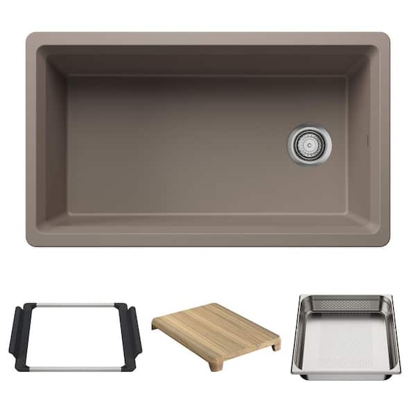 Inteos 33 in. Undermount Single Bowl Truffle Granite Composite Kitchen Sink With Colander and Cutting Board
