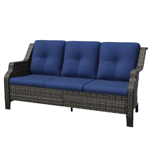 3-Seat Wicker Outdoor Patio Sofa Sectional Couch with Blue Cushions