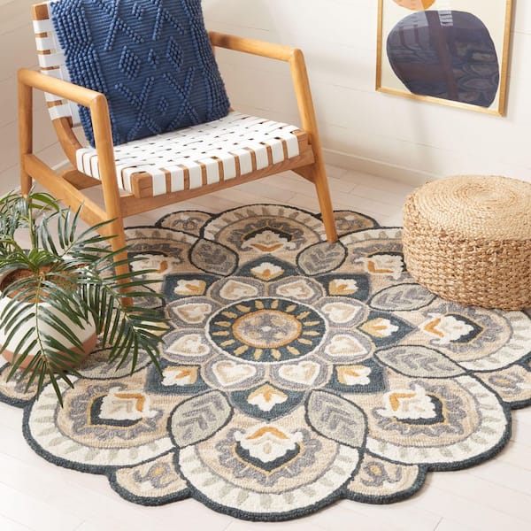 Novelty 6 ft. x 6 ft. Beige/Navy Floral Flower Round Rug