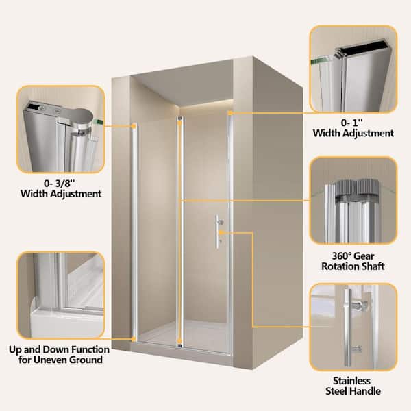 Zeafive 34 to 35-1/2 in. W x 72 in. H Frameless Bifold Shower Door Swing Pivot Small Alcove Shower Door in Chrome Clear Glass