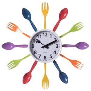 Multi-Color Decorative 3D Cutlery Utensil Spoon and Fork Wall Clock for Kitchen, Playroom or Bedroom