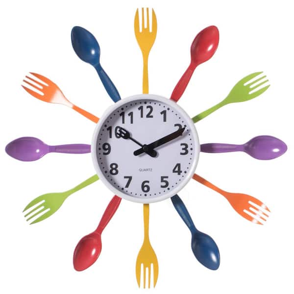 Quickway Imports Multi-Color Decorative 3D Cutlery Utensil Spoon and Fork Wall Clock for Kitchen, Playroom or Bedroom