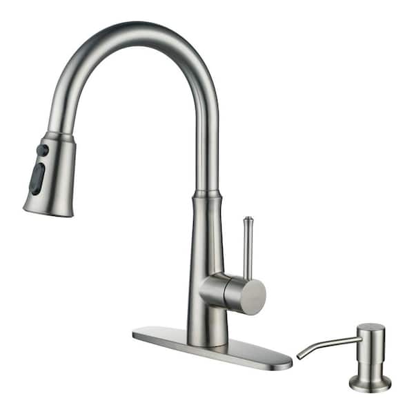 Stainless Steel Single Handle Pull Down Sprayer Kitchen Faucet with 3-Mode Spray, Soap Dispenser in Brushed Nickel