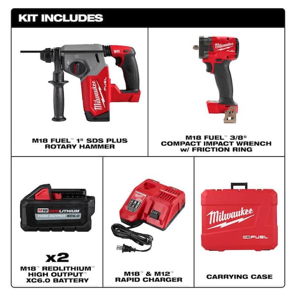 M18 FUEL 18V Lith-Ion Brushless 1 in. Cordless SDS-Plus Rotary Hammer Kit w/ Two Batteries & 3/8 in. Impact Wrench