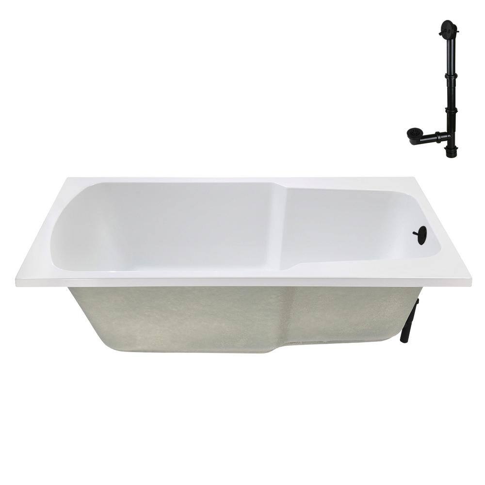 60'' Glossy White Acrylic Drop-In Soaking Bathtub with Matte Black Drain