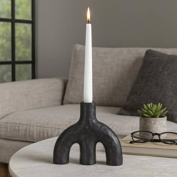 6 in. Black Stoneware Volcano Texture Double Arched Taper Candle Holder
