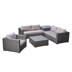 Santa Rosa Grey 7-Piece Faux Rattan Patio Conversation Sectional Seating Set with Dark Grey Cushions