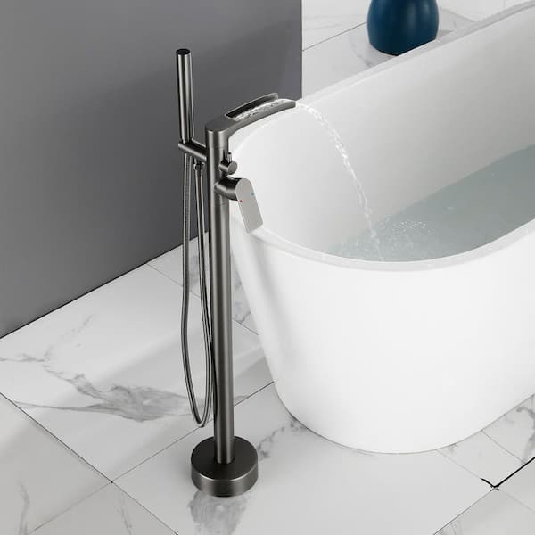 37 in. H 2-Handle Freestanding Tub Faucet Floor Mounted Bathtub Filler Faucet with Hand Shower in Dark Gray