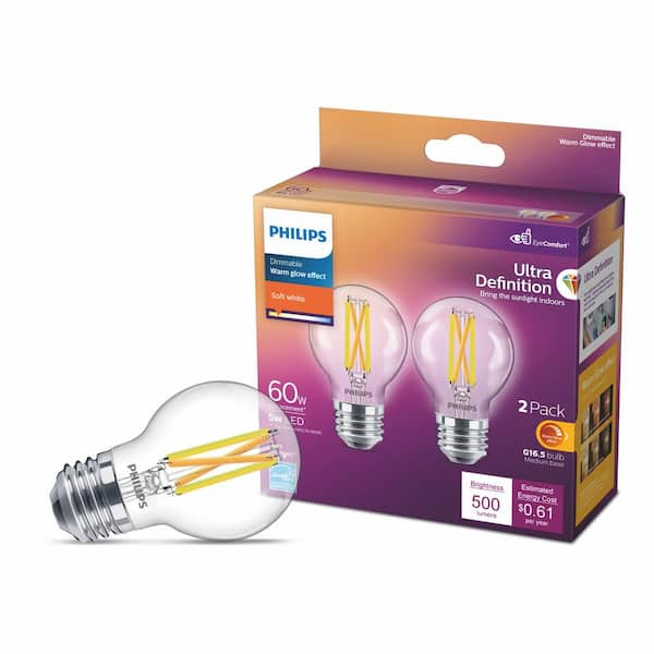 Philips 60-Watt Equivalent Ultra Definition G16.5 Clear Glass Dimmable E26 LED Light Bulb Soft White Warm Glow 2700K (2-Pack)