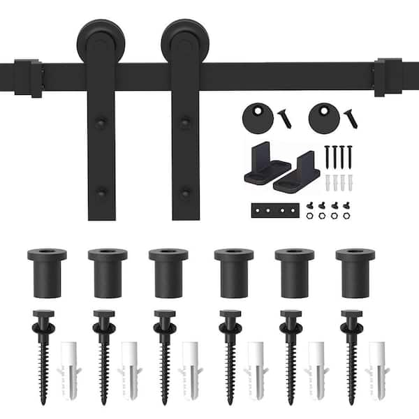 WINSOON 8 ft./96 in. Frosted Black Strap Sliding Barn Door Track Hardware Kit for Single Wood Door with Non-Routed Floor Guide
