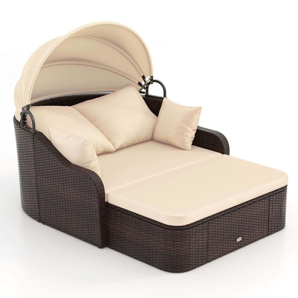 Outdoor PE Rattan Daybed w/ Retractable Canopy Soft Cushions & Extra Pillows price history on PriceWatchPro