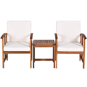 3 Pieces Wood Patio Conversation Set with White Cushion