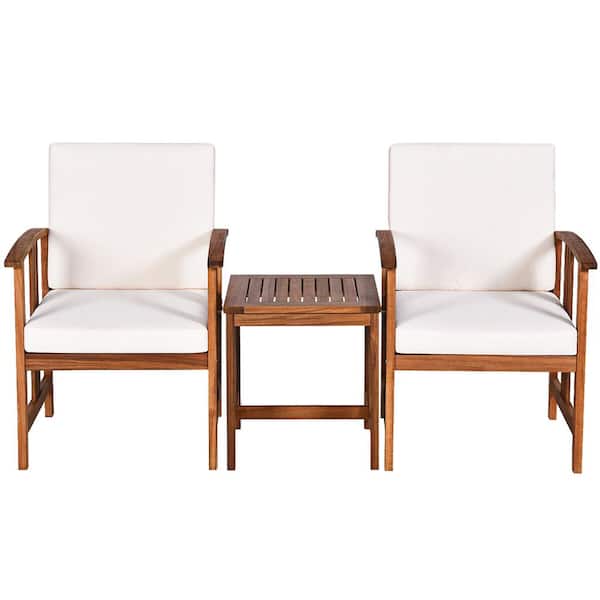 ANGELES HOME 3 Pieces Wood Patio Conversation Set with White Cushion