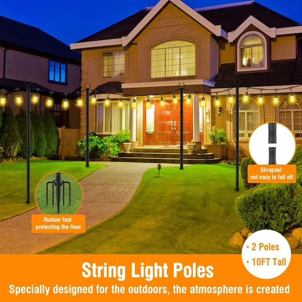 Ottsuls String Light Poles 2-Pack – 10ft Outdoor Light Stands With 5-Fork Base, For Garden, Patio, Weddings