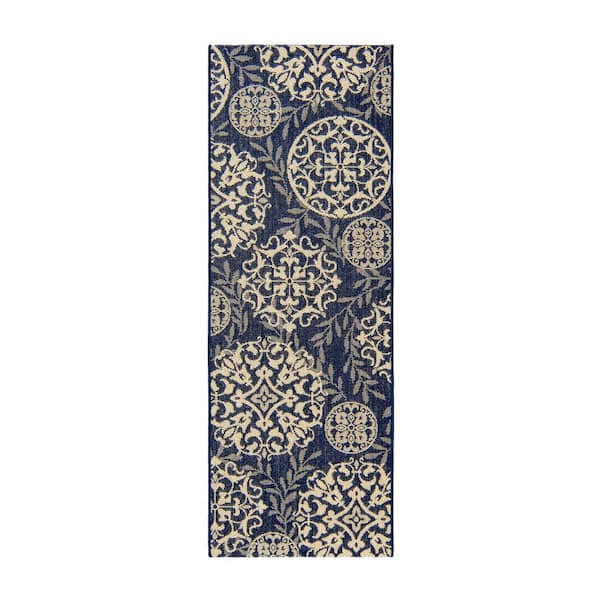 Gertmenian Paseo Emilia Navy/Grain 2 ft. x 6 ft. Medallion Indoor/Outdoor Area Rug