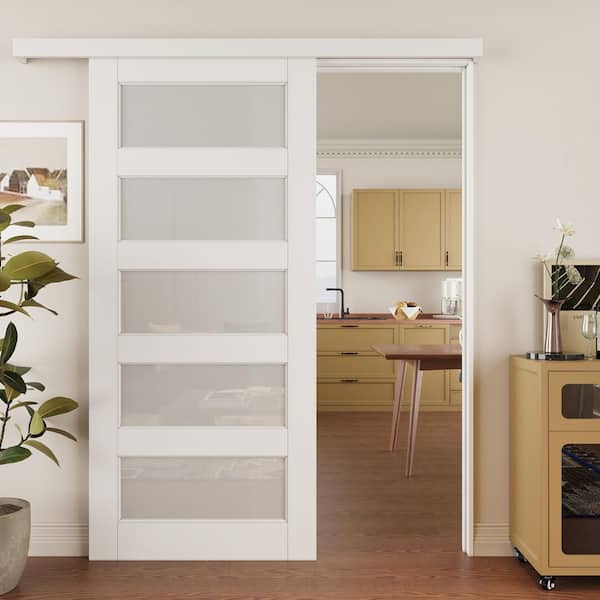 36 in. x 80 in. 5 Lite Tempered Frosted Glass Primed MDF Hidden Track Style Sliding Barn Door with Hardware Kit