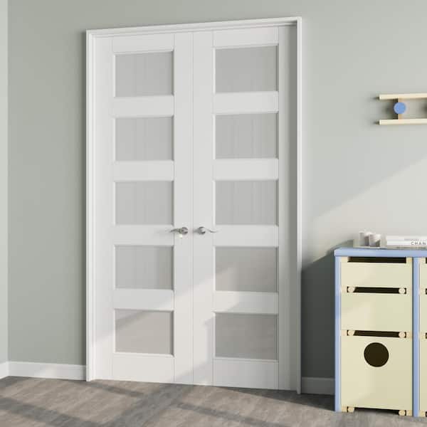 36 in. x 80 in. 5-Lite Frosted Glass Universal White Solid Core Wood Double Prehung French Door Plus Quick Assemble Jamb