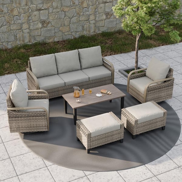 6-Piece Wicker Outdoor Patio Conversation Set Swivel Rocking Chair with Gray Cushions, Ottomans and Coffee Table