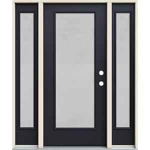 60 in. x 80 in. Left-Hand/Inswing Full Lite Micro-Granite Frosted Glass Black Steel Prehung Front Door with Sidelites