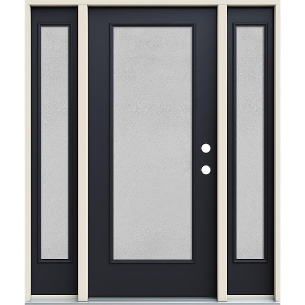 JELD-WEN 60 in. x 80 in. Left-Hand/Inswing Full Lite Micro-Granite Frosted Glass Black Steel Prehung Front Door with Sidelites