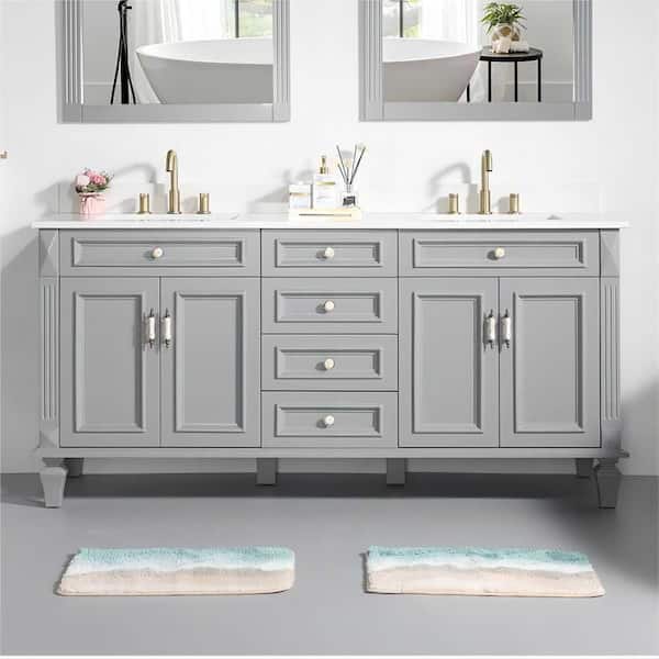 ANGELES HOME 72 in.W x 22 in.D x 35 in.H Solid Wood Certified Double Sink Bath Vanity in Grey Stain-resistant Quartz Top,Soft-Close