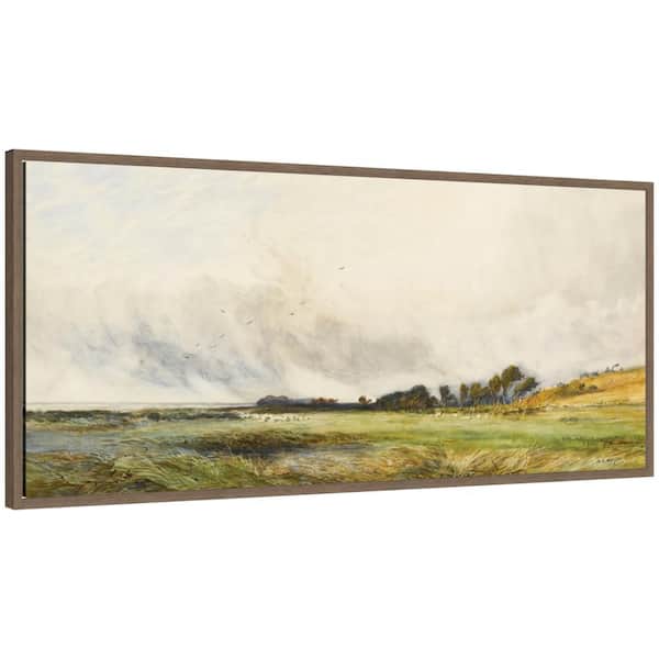 Sylvie "Sheep Grazing By The Coast" by Nostalgia Prints Landscape Framed Art Print 18 in. x 40 in.