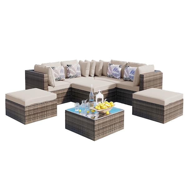 Unbranded 8-piece Outdoor Wicker Sofa Set, Rattan Sofa Lounger, With Colorful Pillows, Conversation Sofa, Beige Cushion