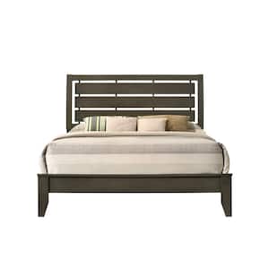Grey Veneer Queen Bed With Headboard Panel Bed