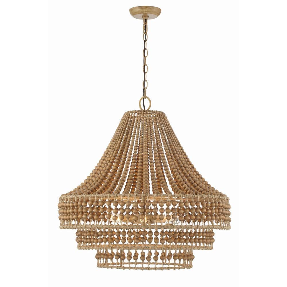 Burnished Silver and Natural Wood Bead 6-Light Chandelier