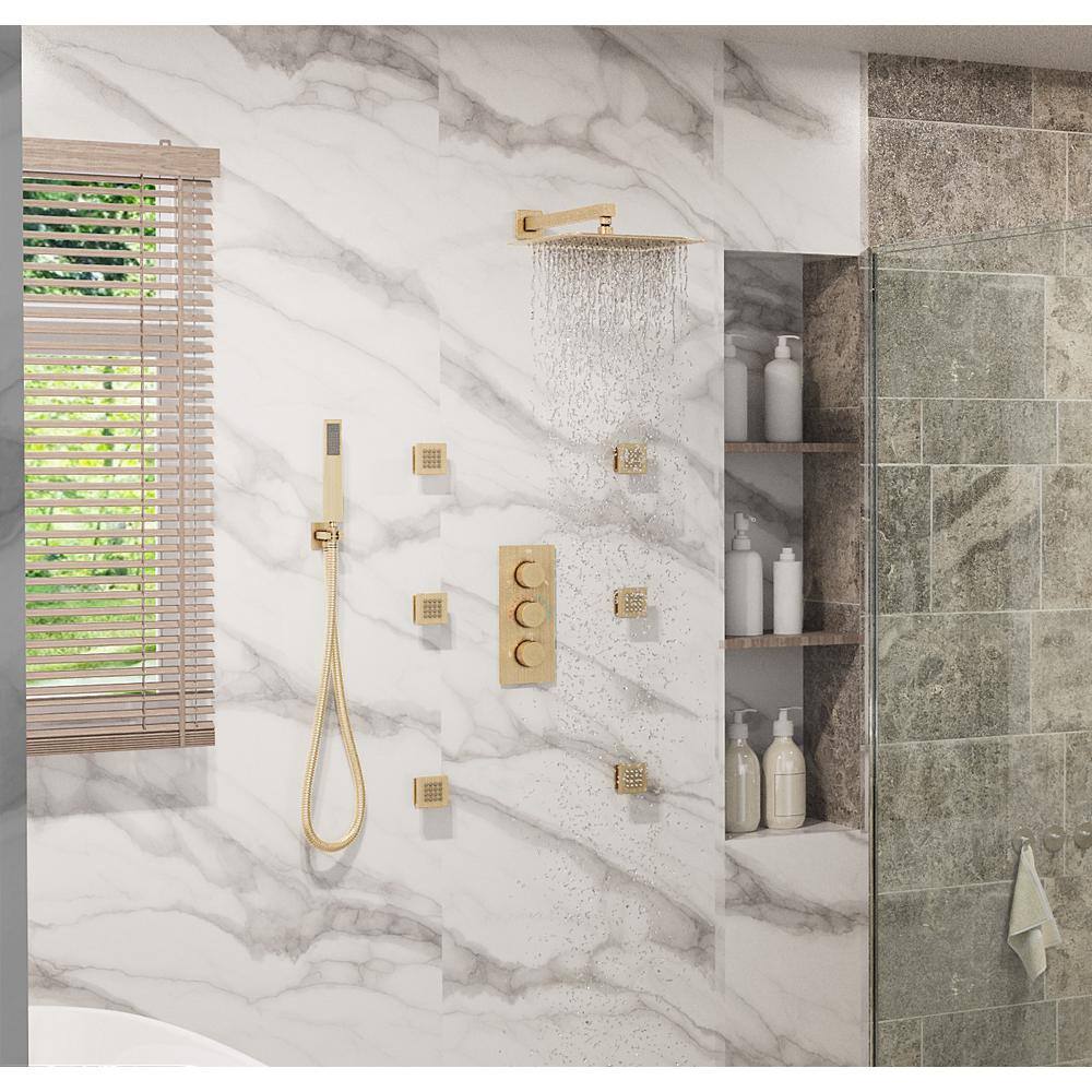Brushed Gold Dual Square Wall Mounted Shower System with Body Jets