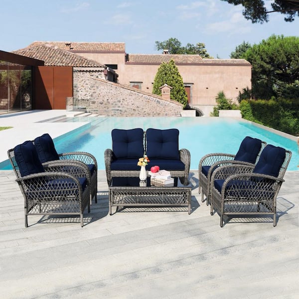 UPHA 6-Piece Wicker Patio Conversation Seating Set with Coffee Table and Navy Blue Cushions